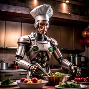 A futuristic chef robot prepares a salad with precision and care. This image is perfect for showcasing the possibilities of artificial intelligence in the kitchen.